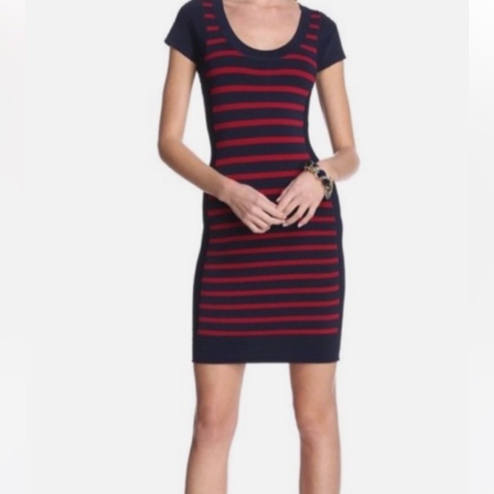French Connection, Bodycon Red & Navy Striped Dress